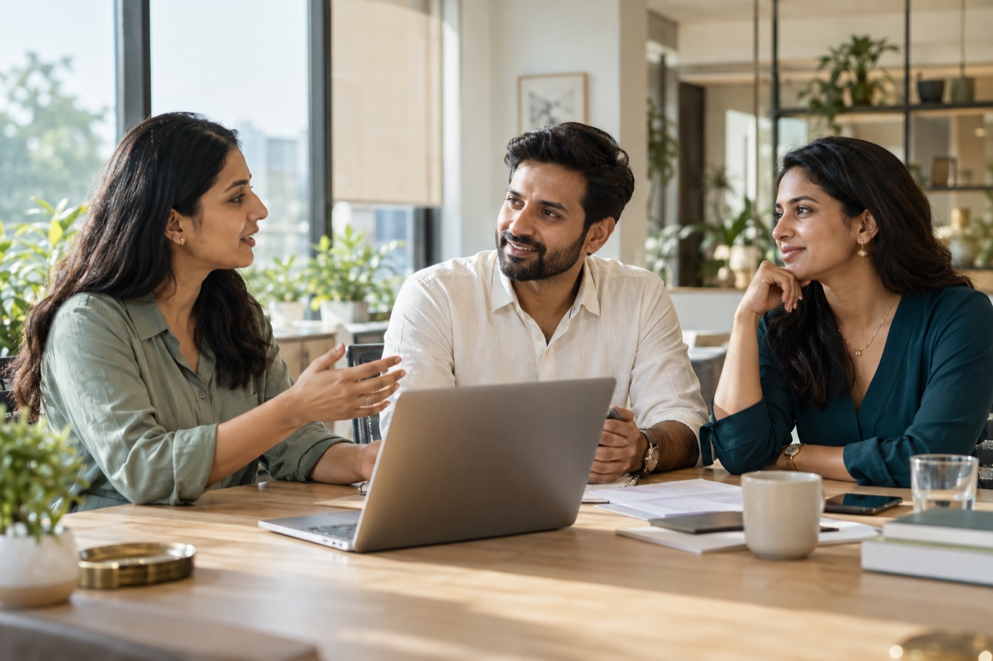 Illustrative business owners and an adviser in a naturally lit conversation